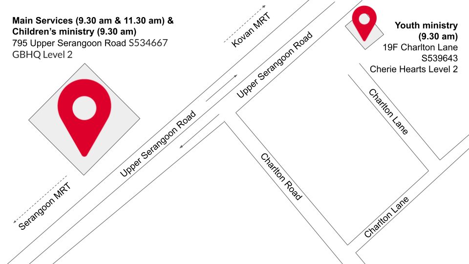 Map showing BTPC main services at 795 Upper Serangoon Road and youth ministry at 19F Charlton Lane, between Serangoon and Kovan MRT